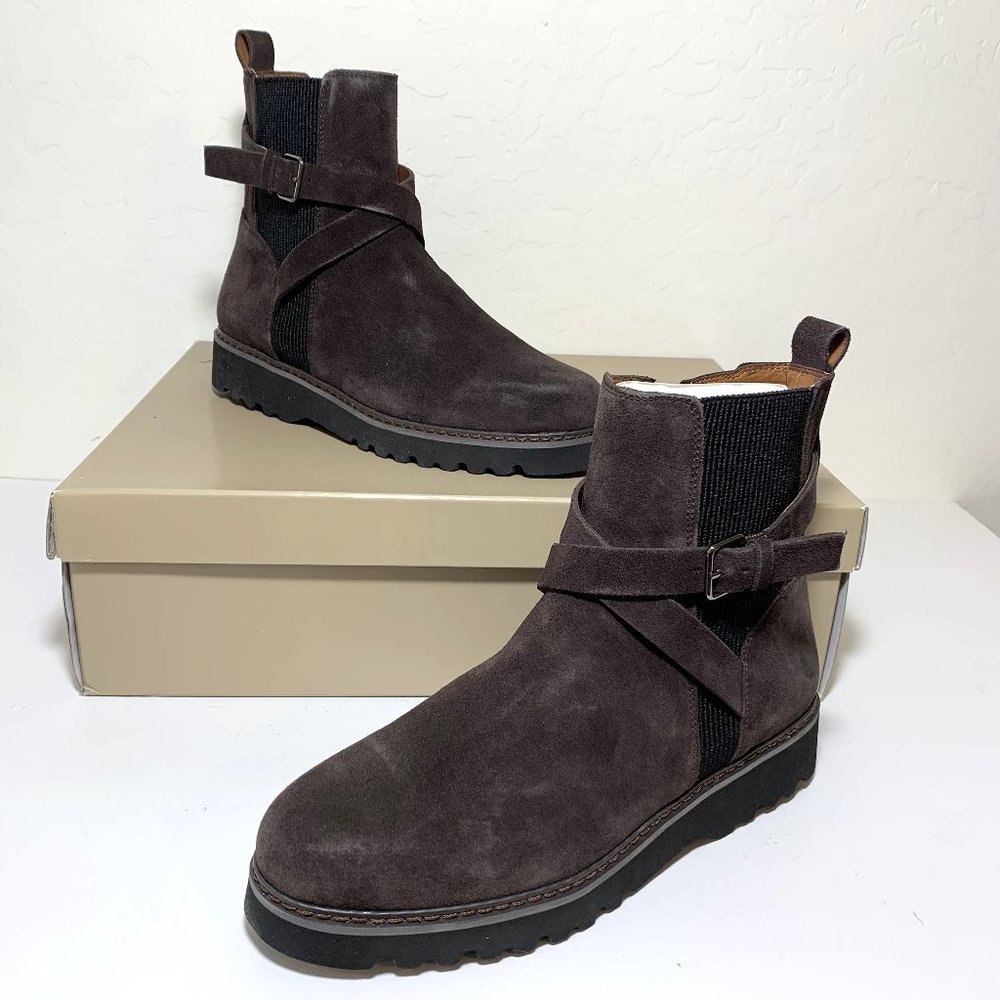 Donald Pliner Captain Suede Boots Buckle Strap Lug Sole Booties Brown Size 8 NEW